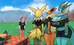  anthro big_breasts big_butt black_sclera blue_body blue_eyes bocchi_the_rock breasts butt cleavage clothed clothing eeveelution female flareon generation_1_pokemon generation_6_pokemon group hi_res huge_breasts jolteon looking_down midriff navel nintendo outside pink_body pokemon pokemon_(species) red_body shy standing sylveon tail thick_thighs vaporeon white_body white_eyes yboon yellow_body 