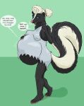  2023 anthro anthro_pred biped black_body black_fur bloated blue_eyes bottomless breasts clothed clothing dialogue female female_pred fully_inside fur green_background hair hi_res mammal mephitid nipple_outline sandra_(strega) simple_background skunk soft_vore solo speech_bubble strega striped_body striped_fur stripes talking_to_prey vore white_hair willing_to_unwilling_prey 