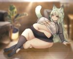  animal_humanoid belly big_belly big_breasts blush bottomwear breasts cakecatboy cat_humanoid cleavage clothed clothing crossed_legs felid felid_humanoid feline feline_humanoid female green_hair grey_eyes hair hand_behind_head harmonie_(arknights) huge_breasts humanoid looking_at_viewer lying mammal mammal_humanoid navel on_side overweight overweight_female overweight_humanoid smile solo tail thick_thighs topwear torn_clothing wardrobe_malfunction 