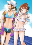  2girls baseball_cap beach boku_no_kokoro_no_yabai_yatsu brown_hair hat highres jacket multiple_girls ocean orange_hair sakurai_norio sekine_moeko summer swimsuit yoshida_serina 