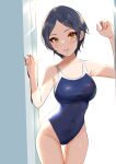  1girl absurdres black_hair blue_one-piece_swimsuit breasts brown_eyes commentary_request competition_school_swimsuit covered_navel cowboy_shot etsutsuni hayami_kanade highres idolmaster idolmaster_cinderella_girls large_breasts leaning_forward one-piece_swimsuit parted_lips school_swimsuit short_hair smile solo swimsuit thigh_gap 