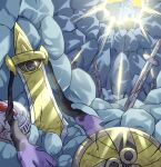  absurdres aegislash castle cave closed_eyes doe_(doe69109327) helmet highres light_rays no_humans plume pokemon pokemon_(creature) rock shield sword weapon 