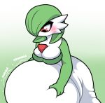  belly big_belly big_breasts blush breasts cleavage clothed clothing female gardevoir generation_3_pokemon green_body green_hair hair hand_on_stomach holding_stomach humanoid hyper hyper_belly looking_at_stomach looking_down mouthless nintendo not_furry one_eye_obstructed pokemon pokemon_(species) pompuffy_(artist) red_eyes rumbling_stomach solo sound_effects text white_body 