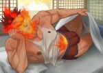  1boy abs bara beard blue_eyes boku_no_hero_academia boxer_briefs boxers bulge buttoned cerberus_arts come_hither covered_nipples dolphin_shorts elbow_rest endeavor_(boku_no_hero_academia) facial_hair fire full_body goatee highres large_pectorals looking_at_viewer male_focus male_underwear mature_male muscular muscular_male mustache nipple_slip nipples paid_reward_available pectorals photoshop_(medium) red_hair red_male_underwear shiny_skin short_hair shorts sideburns sidepec solo spiked_hair tank_top thick_thighs thighs underwear white_tank_top 