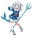  1girl :d animal_costume blue_eyes blue_hair blue_hoodie blue_nails blue_socks commentary drawstring fins fish_tail full_body gawr_gura gawr_gura_(1st_costume) grey_hair hair_ornament hand_up holding_trident hololive hololive_english hood hood_down hoodie long_hair long_sleeves mauve multicolored_hair nail_polish shark_costume shark_tail sharp_teeth shoes simple_background sleeves_past_wrists smile socks solo standing standing_on_one_leg streaked_hair tail teeth two_side_up virtual_youtuber white_background white_footwear wide_sleeves 