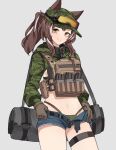  1girl absurdres animal_ears blue_shorts brown_hair camouflage camouflage_headwear chest_rig commission denim denim_shorts digital_camouflage fox_ears fox_girl gar32 green_headwear green_jacket green_panties grey_background highres jacket looking_at_viewer magazine_(weapon) original panties presenting shorts smile solo underwear 