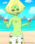  1girl amonzone animification blonde_hair blue_sky cigar cloud colored_skin commentary cowboy_shot cup drinking_glass english_commentary flat_chest forehead_jewel green_skin groin holding holding_cup mountain navel nipples ocean peridot_(steven_universe) puffy_nipples purple_eyes sky smile smoking solo steven_universe topless web_address wine_glass 