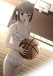  1girl :o ball bare_shoulders basketball_(object) basketball_court basketball_hoop blunt_bangs blush bra breasts brown_hair collarbone commentary dutch_angle embarrassed gym highres holding holding_ball indoors long_hair looking_at_viewer midriff nervous open_door open_mouth original panties pen-racket punishment_game raised_eyebrows sidelocks small_breasts standing strip_game sweat thigh_gap underwear white_bra white_panties window wooden_floor 