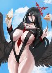  1girl absurdres between_breasts black_choker black_hair blue_archive blush breasts cake cake_slice choker cleavage cowboy_shot day food fork gcg hair_between_eyes halo hasumi_(blue_archive) highres holding holding_food holding_ice_cream ice_cream large_breasts long_hair long_sleeves looking_at_viewer low_wings navel outdoors parted_lips red_eyes red_halo solo thighs wings 