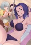 1boy 2girls absurdres arm_behind_head beach beach_chair bikini boku_no_hero_academia bracelet breasts cleavage eri_(boku_no_hero_academia) female_child floral_print food_on_body food_on_breasts grey_hair highres holding_ice_cream horns jewelry koyap lady_nagant large_breasts long_hair looking_at_another looking_at_viewer lying mask mouth_mask multicolored_hair multiple_girls navel o-ring o-ring_bikini on_back one-piece_swimsuit overhaul_(boku_no_hero_academia) parted_bangs pink_hair ponytail purple_bikini purple_eyes purple_hair sand short_hair single_horn solo_focus squatting stomach swimsuit thighs tongue tongue_out two-tone_hair yellow_one-piece_swimsuit 