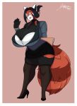  ailurid anthro big_breasts black_body black_fur bottomwear breasts clothing eyes_closed eyewear female footwear fur gesture glasses hana_soo_min hi_res high_heels huge_breasts jwinkz legwear mammal multicolored_body multicolored_fur orange_body orange_fur pencil_skirt red_panda skirt solo thick_thighs thigh_highs two_tone_body two_tone_fur waving wide_hips 