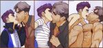  2boys age_difference bara beard biting_tongue character_request chest_hair closed_eyes completely_nude ear_piercing facial_hair fairytale_police_hoe_department french_kiss half-closed_eyes headphones headphones_around_neck heart highres idoraad implied_sex incest jacket kiss leg_hair light_purple_hair male_focus multicolored_clothes multicolored_jacket multiple_boys multiple_views muscular muscular_male nude piercing purple_background purple_hair shirt short_hair size_difference uncle_and_nephew undressing white_shirt yaoi 