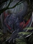  absurdres arm_blade black_fur claws dragon forest glowing glowing_eyes highres monster monster_hunter_(series) nargacuga nature no_humans nutuki red_eyes tail tree weapon wrist_blades wyvern 