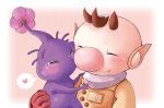  1boy ^_^ alien bad_id bad_pixiv_id big_nose blush brown_hair buttons closed_eyes flower gloves hand_on_another&#039;s_shoulder heart hug no_headwear pikmin_(series) pink_background pink_flower pointy_ears purple_pikmin red_gloves short_hair smile spacesuit speech_bubble spoken_heart third-party_source tkykckemn upper_body very_short_hair 