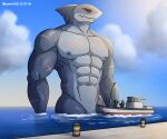  abs absurd_res alkan anthro big_pecs fish grey_body half_body hi_res invalid_background lamniform macro male marine megalodon moobs multicolored_body muscular muscular_anthro muscular_male navel nipples nude nude_anthro nude_male pecs red_eyes scar shark solo two_tone_body water 