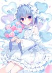  1girl balloon bare_shoulders blue_eyes blue_flower blue_hair blue_rose blush bouquet bow closed_mouth commentary_request confetti copyright_request detached_sleeves detached_wings dress feet_out_of_frame flower frilled_dress frills hasune heart_balloon highres holding holding_bouquet juliet_sleeves knees_together_feet_apart long_sleeves looking_at_viewer mini_wings pink_flower pink_rose puffy_sleeves red_eyes rose simple_background sleeveless sleeveless_dress sleeves_past_wrists smile solo virtual_youtuber white_background white_bow white_dress white_sleeves white_wings wide_sleeves wings 