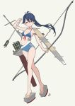  1girl alternate_costume arrow_(projectile) bare_pectorals bikini blue_bikini blue_eyes blue_hair bow bow_(weapon) commentary_request front-tie_bikini_top front-tie_top full_body highres houshou_(kancolle) kantai_collection long_hair navel neve_(morris-minicooper) pectorals ponytail rigging signature simple_background solo swimsuit weapon white_bow 