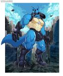  absurd_res aircraft anthro blue_body blue_fur building bulge canid canine city clothing destruction fur generation_4_pokemon helicopter hi_res lucario macro male mammal nintendo pokemon pokemon_(species) red_eyes solo speedo stomping swimwear wolfmalro 