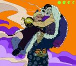  2boys anger_vein ascot black_hair carrying cigar couple crocodile_(one_piece) donquixote_doflamingo feet_out_of_frame geokinesis hair_slicked_back hook_hand looking_ahead male_focus mature_male mg_cls multiple_boys official_alternate_costume one_piece pants pointy_ears princess_carry scar scar_on_face scar_on_nose short_hair smoking standing stitches vampire_costume yaoi 
