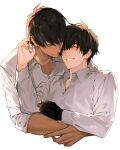  2boys ^_^ black_gloves black_hair closed_eyes closed_mouth collared_shirt couple dark-skinned_male dark_skin earrings gloves grin hand_up highres hug jewelry long_sleeves male_focus mole mole_under_eye multiple_boys nicholas_d._wolfwood shirt short_hair simple_background single_earring single_glove sleeves_rolled_up smile teeth trigun trigun_stampede upper_body vash_the_stampede white_background white_shirt yaoi yasuda_(info_yasuda) 