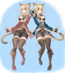  2girls :3 :d animal_ear_fluff animal_ears avatar_(ff11) black_shorts blonde_hair blue_hairband blue_jacket boots bra breasts brown_bra brown_footwear brown_gloves brown_tail brown_thighhighs cactus41747280 cat_ears cat_girl cat_tail cleavage closed_mouth corsair_(final_fantasy) final_fantasy final_fantasy_xi frilled_jacket frills gloves gun hairband heart highres holding holding_gun holding_weapon jacket knee_boots long_sleeves medium_breasts multicolored_hairband multiple_girls open_clothes open_jacket open_mouth orange_eyes red_gloves red_hairband red_jacket red_ribbon ribbon shorts smile tail thighhighs underwear weapon white_hairband white_ribbon zettai_ryouiki 