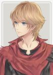  1boy black_shirt blonde_hair blue_eyes border closed_mouth facing_to_the_side final_fantasy final_fantasy_xvi fringe_trim grey_background hair_between_eyes highres joshua_rosfield looking_to_the_side male_focus medium_hair portrait quichi_91 red_scarf scarf shirt solo wavy_hair 