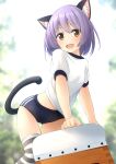  1girl :d animal_ear_fluff animal_ears black_buruma blurry blurry_background buruma cat_ears cat_girl cat_tail commentary_request depth_of_field fang gym_shirt gym_uniform hair_between_eyes highres looking_at_viewer midriff_peek orange_eyes original puffy_short_sleeves puffy_sleeves purple_eyes shibacha shirt short_sleeves smile solo striped striped_thighhighs tail thighhighs vaulting_horse white_shirt 