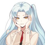  1girl angela_(project_moon) black_vest blue_hair commentary_request grin hands_on_own_cheeks hands_on_own_face ktsis lab_coat light_blue_hair lobotomy_corporation long_hair long_sleeves looking_at_viewer necktie parted_bangs project_moon red_necktie shirt side_ponytail simple_background smile solo transparent_background vest white_shirt 