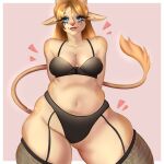  anthro bovid bovine cattle clothed clothed_feral clothing ditaflower female feral grid grid_lines hair hi_res invalid_tag lingerie lingerie_on_feral mammal mature_female milftails orange_hair pink smile solo 