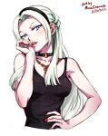  1girl 2022 artist_name breasts chain_necklace choker dated edelgard_von_hresvelg english_commentary fire_emblem fire_emblem:_three_houses hairband hand_on_own_hip jewelry long_hair looking_at_viewer mina_cream necklace o-ring o-ring_choker purple_eyes red_lips red_nails simple_background small_breasts solo white_background white_hair 