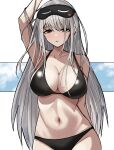  1girl bare_shoulders bikini black_bikini collarbone frima_(nikke) goddess_of_victory:_nikke grey_hair highres long_hair looking_at_viewer mask mask_on_head navel simple_background sleep_mask solo swimsuit white_background yakhb yellow_eyes 