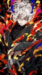  1boy black_robe bridal_gauntlets burning gabimaru highres jigokuraku katana looking_at_viewer ninja robe short_hair solo sword unrefle v-shaped_eyebrows weapon white_hair yellow_eyes 