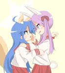  2girls animal_ears blue_hair blush fox_ears fox_tail green_eyes highres hiiragi_kagami izumi_konata konokawa looking_at_another lucky_star multiple_girls purple_hair rabbit_ears rabbit_tail red_sailor_collar red_skirt sailor_collar skirt tail yuri 