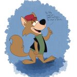  1:1 2021 4_fingers anthro biped black_nose bottomless brown_body brown_fur brown_tail canid canine canis clothed clothing dialogue ding-a-ling_wolf english_text fingers full-length_portrait fur half-closed_eyes hanna-barbera hat headgear headwear hi_res hokey_wolf male mammal narrowed_eyes open_mouth portrait ratfathers signature simple_background solo standing tail text topwear vest wolf 
