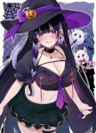  1girl adapted_costume black_hair black_headwear breasts cleavage crop_top green_skirt hat highres kano3 large_breasts long_hair meloco_kyoran melove_(meloco_kyoran) multicolored_hair necktie nijisanji nijisanji_en purple_eyes purple_hair purple_necktie skirt solo streaked_hair virtual_youtuber witch_hat 