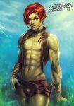  1boy abs arm_tattoo bishounen choker collared_jacket colored_skin earrings fantasy green_skin highres jacket jewelry leather_shorts lip_piercing looking_at_viewer male_focus mrelagan orc original piercing pointy_ears realistic red_hair scabbard sheath single_bracer single_earring single_shoulder_pad sleeveless sleeveless_jacket sunlight tattoo 