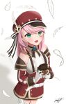  absurdres camera charlotte_(genshin_impact) feathers genshin_impact gloves green_eyes hat highres holding holding_camera long_sleeves looking_at_viewer md5_mismatch n2o pink_hair resolution_mismatch source_smaller white_background 