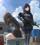  2girls assault_rifle barrel black_hair blindfold blood bound bound_wrists brown_hair camouflage crazy_smile digital_camouflage glowing glowing_eyes gun hairband harness headset highres holding holding_gun holding_weapon holster kneeling long_hair looking_at_another multiple_girls original outdoors pool purple_eyes qr_code rifle skirt tactical_clothes thigh_holster thigh_pouch tom-neko_(zamudo_akiyuki) trigger_discipline weapon 