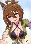  1girl :d agnes_tachyon_(lunatic_lab)_(umamusume) agnes_tachyon_(umamusume) ahoge animal_ears bikini black_bikini black_gloves breasts brown_hair cleavage criss-cross_halter empty_eyes fukahire_soup gloves green_jacket hair_between_eyes halterneck horse_ears horse_girl jacket looking_at_viewer medium_breasts messy_hair official_alternate_costume red_eyes short_hair signature sitting smile solo swimsuit tied_jacket umamusume 