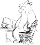  2020 anthro black_and_white blush blush_lines butt_crush chair computer duo eyes_closed feral furniture generation_2_pokemon hand_on_back monochrome nintendo pokemon pokemon_(species) raster_dreams sitting sitting_on_another size_difference typhlosion 
