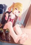  1girl bare_legs barefoot black_choker black_serafuku blazer blonde_hair choker cum cum_on_body cum_on_clothes cum_on_feet feet foot_focus hair_ribbon highres hoshikawa_sara hoshikawa_sara_(4th_costume) jacket kou_futoshi legs legs_together long_hair long_sleeves looking_at_viewer nijisanji open_mouth paid_reward_available red_eyes ribbon school_uniform serafuku shoes shoes_removed side_ponytail skirt soles toenails toes uniform virtual_youtuber yellow_eyes 