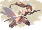  1girl bigrbear blue_eyes breasts brown_hair cropped_legs cyborg holding holding_sword holding_weapon katana large_breasts leotard long_hair looking_at_viewer mechanical_arms mechanical_legs original ponytail scabbard sheath sideboob single_mechanical_arm solo sword weapon 