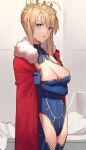  1girl ahoge artoria_pendragon_(fate) artoria_pendragon_(lancer)_(fate) blonde_hair blue_gloves blue_leotard braid breasts cleavage cleavage_cutout cloak clothing_cutout covered_navel elbow_gloves fate/grand_order fate_(series) fur-trimmed_cloak fur_trim gloves highres indoors large_breasts leotard looking_at_viewer red_cloak sidelocks solo tesin_(7aehyun) 