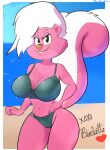  2023 anthro beach big_breasts bikini bimbette breasts clothing davidsanchan english_text female fur hi_res kiss_mark looking_at_viewer mammal mephitid multicolored_body pink_body pink_fur seaside skunk solo swimwear text tiny_toon_adventures two_tone_body warner_brothers white_body white_fur xoxo 