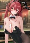 1girl alternate_costume animal_ears armpit_crease bare_shoulders between_breasts black_bow black_bowtie black_leotard blurry blurry_background blush bow bowtie breasts brown_pantyhose card card_between_breasts chandelier cleavage detached_collar fake_animal_ears grin haro_art heterochromia highres hololive houshou_marine large_breasts leotard pantyhose playboy_bunny playing_card rabbit_ears red_eyes red_hair smile solo twintails virtual_youtuber yellow_eyes 