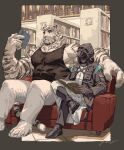 2boys animal_ears arknights bara bare_arms biceps book couch covered_abs doctor_(arknights) facial_hair full_body furry furry_male gentle2nd goatee holding holding_book hood hood_up jewelry large_hands large_pectorals library male_doctor_(arknights) male_focus mature_male mountain_(arknights) multiple_boys muscular muscular_male on_couch open_book pants pectorals ring shoes short_hair sideburns sidepec sitting size_difference thick_eyebrows tiger_boy tiger_ears white_fur white_pants 