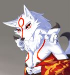  2023 amaterasu_(okami) anthro black_body black_fur black_nipples black_nose black_sclera bust_portrait canid canine canis capcom clothing dipstick_tail female fluffy fluffy_hair fur hair hi_res leaniv mammal markings multicolored_body multicolored_fur nipples okami_(capcom) portrait red_body red_fur simple_background smile solo tail tail_markings undressing white_body white_fur wolf yellow_eyes 