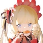  1girl absurdres black_bow black_bowtie blonde_hair blue_eyes bow bowtie chibi cup dress hairband hand_up highres holding holding_cup lolita_hairband long_hair long_sleeves looking_at_viewer parted_lips red_dress red_headwear rozen_maiden shinku sidelocks simple_background solo tea tetee twintails very_long_hair white_background 