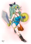  1girl akashieru artist_logo asymmetrical_clothes bare_shoulders black_ribbon blue_gemstone blue_leotard circlet color_connection cosplay dragon_quest dragon_quest_iv full_body gem gloves green_eyes green_hair hair_between_eyes hair_color_connection hair_ornament hair_ribbon hairclip heroine_(dq4) heroine_(dq4)_(cosplay) highres holding holding_shield holding_sword holding_weapon kantai_collection leotard long_hair looking_at_viewer parted_bangs ponytail ribbon shield sidelocks signature solo strapless strapless_leotard sword weapon yamakaze_(kancolle) 