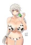  1girl alternate_costume animal_print artist_name ass_visible_through_thighs bare_shoulders braid braided_ponytail breasts cleavage closed_mouth cow_print cowboy_shot dated grey_hair highres huge_breasts kantai_collection long_hair looking_at_viewer midriff navel o-ring o-ring_top one-hour_drawing_challenge owa_(ishtail) ponytail simple_background single_braid solo unryuu_(kancolle) very_long_hair white_background yellow_eyes 